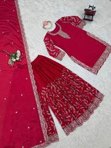 Heavy Fancy Design Women Set Chinon Hilo de seda con bordado de secuencia Top de trabajo y Palazzo Dupatta Bordado Secuencia DE TRABAJO - Product Image 5