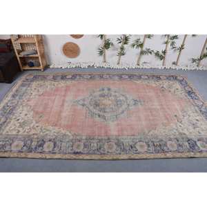 Alfombra turca Vintage de 6,9x11,3 pies, tejido plano de lana de retazos rosa y negro para decoración para sala de estar, respaldo de látex - Product Image 1