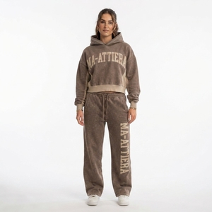 Custom <b>Women</b> Washed Oversized Cropped Hoodie and Wide Leg <b>Sweatpants</b> Two Piece Tracksuit Set - Product Image 1