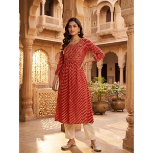 Vestido Anarkali Kurta de Algodón para Mujer de Rama, Color Granate, Bordado Lehriya, Estampado a Mano, Choli, Ropa Tradicional Étnica India - Product Image 1