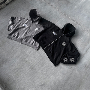 Chándal de algodón de 500GSM para hombre, logotipo personalizado bordado, Sudadera con capucha de gran tamaño, cremallera, diamantes de imitación, decoración, parche para correr, pantalones de chándal sólidos - Product Image 5