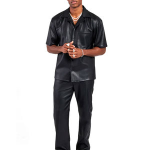 Camisa de Cuero Negra Casual para Hombre, Estilo Urbano, Transpirable, Tejido Sólido de Alta Calidad, Satén, Personalizada, Manga Larga, Sin Cuello - Product Image 4