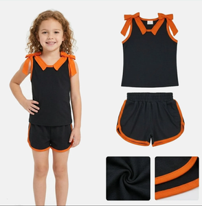 Ensemble de vêtements courts sans manches avec nœuds noirs et oranges pour bébés filles - Product Image 6