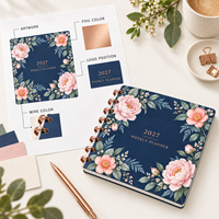 Carnet de notes hebdomadaire LABON A5 personnalisé à spirale, motif floral, bleu marine et or rose, pages vierges, OEM, pour papeterie de marque