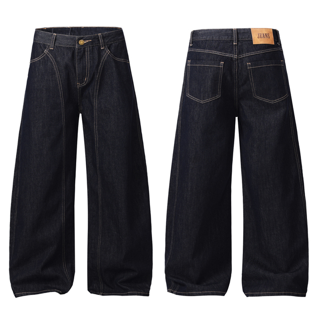 Custom Denim Men's Unisex Straight Style Baggy Raw Denim Jeans Loose Wide-leg Trousers In Black and Blue For Winter Men's Jeans