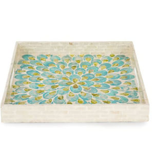 Plateau de service de table ronde design fantaisie plateau de table basse incrusté de nacre bleue de qualité exclusive avec poignée découpée - Product Image 5