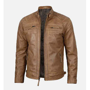 Veste en cuir de mouton camel pour homme, style Cafe Racer, imperméable, fermeture éclair, trench-coat - Product Image 4