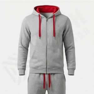 Ensemble de survêtement décontracté à capuche zippé 100 % coton, manches longues, fermeture éclair intégrale, pour la course et le jogging, grandes tailles, coupe sportive - Product Image 1