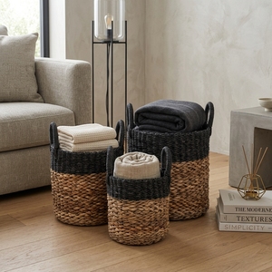 Natural Banana Bark Recycled <b>Plastic</b> <b>Basket</b> Set Two Tone Black Dipped Rim Arch Handle Cylinder Pot Planter Pure Art Setup Room - Product Image 4