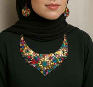 Collar de cadena de eslabones hecho a mano Rawat Handicrafts, con mosaico geométrico de latón cristiano, turquesa, étnico, para mujer, NK-1662 - Product Image 1