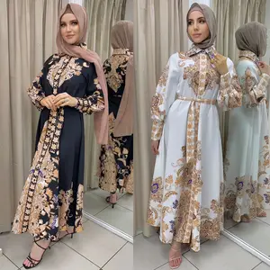 AM020 yüksek kalite müslüman kadınlar elbiseler uzun kollu o-boyun Dubai tarzı beyaz siyah islam giyim lüks baskılı parti abaya