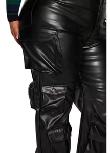 Pantalones Cargo de Cintura Alta, Transpirables, de Piel Sintética, con Bolsillos Planos, Estilo Urbano, Pierna Ancha, Casuales, Largos, para Hombre y Mujer, Lavados - Product Image 4