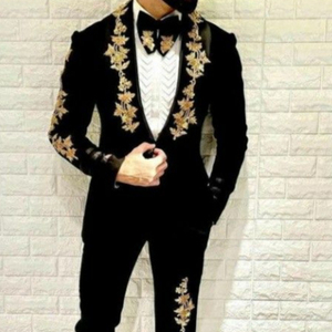 BEAUTIFUL GOLD ZARI EMBROIDERY on BLACK BLAZER and <b>PANT</b> MEN SUITS & ALSO MATCHING SHOE WITH DRESS for PARTY-WEAR/WEDDING @ 2023 - Product Image 1