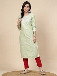 Ensembles de Kurta élégants pour femmes en tissu 100% coton doux, couleur olive, avec motifs floraux faits à la main, pour le bureau et les fêtes, prix de gros - Product Image 3