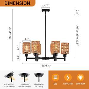 Candelabro de ratán tejido a mano, accesorio de iluminación Vintage 24,8, candelabro negro de mimbre de bambú, candelabro de ratán bohemio moderno Retro - Product Image 4