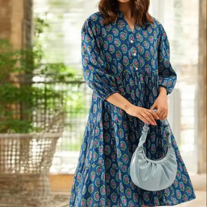 ชุดเดรส100% ปักลายดอกไม้ใส่พอดีตัวสำหรับผู้หญิง, ชุดเดรสผ้าฝ้ายสีฟ้ายาวคลุมเข่าลำลองสำหรับปาร์ตี้ฤดูใบไม้ผลิ/ฤดูร้อน - Product Image 2