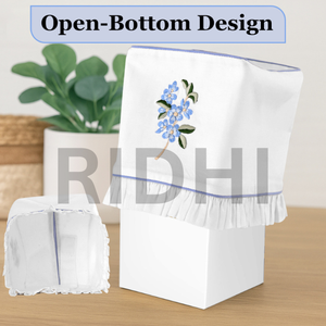 Funda para Caja de Pañuelos de Tela Ecológica Clásica con Volantes Bordados en Azul Periwinkle de Ridhi, Porta Servilletas Decorativo Floral Hecho a Mano - Product Image 2