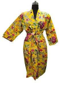 Au design floral bleu peignoirs de bain imprimés en blocs de coton 100% sur mesure, idéaux pour les designers et les fournisseurs de vêtements de villégiature - Product Image 3