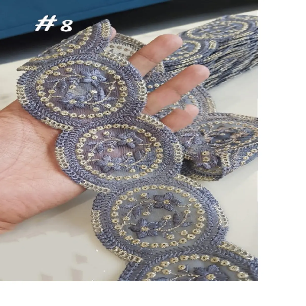 Özel yapılmış makine işlemeli kurdele ve dantel çeşitli tasarımlar koyu gri renkli cutwork danteller 2 inç çapı