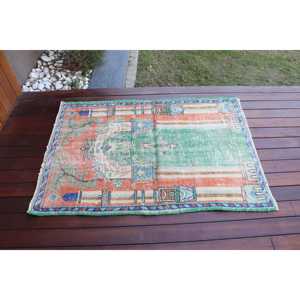 Tapis turc vintage, petit tapis de 3x4,3 pieds, tapis à motifs floraux orange et vert - Product Image 3