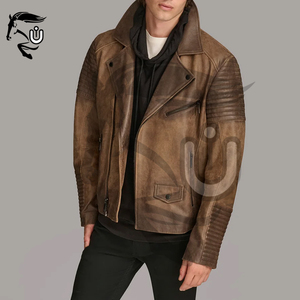 Veste en cuir de motard vintage marron pour homme, faite à la main en cuir de vache véritable, col montant d'hiver, style vieilli, vêtement d'extérieur - Product Image 2