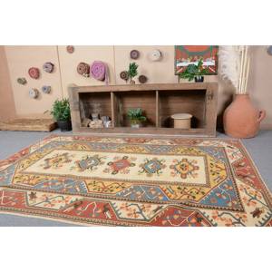 พรมตุรกีโบราณแบบดั้งเดิมสีเบจสีฟ้า5.4 x 7.7ft รูปแบบการเย็บปะติดปะต่อกันทำจากผ้าฝ้ายขนสัตว์โพลีเอสเตอร์สำหรับห้องนั่งเล่น - Product Image 2