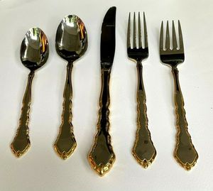 Juego de cubiertos de metal dorado de acero inoxidable de la mejor calidad al por mayor, cubiertos personalizados de 5 tenedores, juegos de cubiertos acabados para postres de lujo - Product Image 3