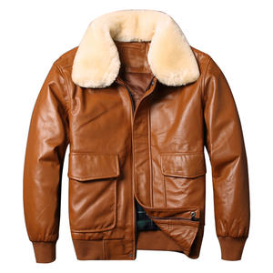 Chaqueta Bomber de piel de oveja marrón para hombre con cuello de piel sintética Material genuino Prendas de abrigo de invierno con estilo - Product Image 3