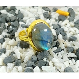 <b>Adjustable</b> Brass <b>Ring</b> 18K Gold Plated Labradorite Gemstone Casual Style Bezel Setting Free <b>Size</b> Gift - Product Image 2