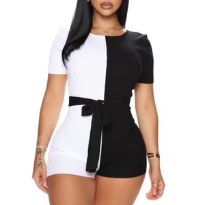Combinaison taille haute à blocs de couleur grande taille, élégante, avec panneau contrasté, manches courtes, ceinture, chic, décontractée, tenue de rue pour femmes - Product Image 4