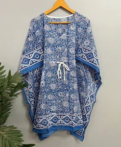 Vestido caftán de algodón floral indio hecho a mano, Vestido corto de Playa Larga, Maxi Kimono, estampado de bloque, cintura Natural, vestidos casuales - Product Image 4