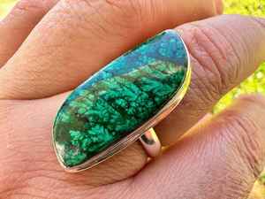 Bague en argent sterling avec pierre précieuse verte malachite fleurie taille 9, bijoux bohèmes pour mariage et fête, unisexe - Product Image 6