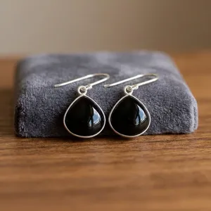 Niharika Gems Jet Black Onyx Teardrop <b>Earrings</b> Bezeled Faceted Boho Chic Style 18Mm Lever <b>Back</b> Closure 925 Sterling <b>Silver</b> Gift - Product Image 5