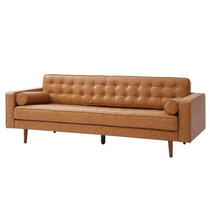 Canapé deux places 06, banc carré capitonné 220x82cm, cuir véritable, coussins marron luxueux, trois places, mobilier de maison - SFB68046 - Product Image 3