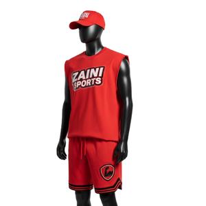 Conjunto de camiseta sin mangas y pantalones cortos para hombre, de algodón y poliéster premium, cómodo, rojo, con logo personalizado. - Product Image 4