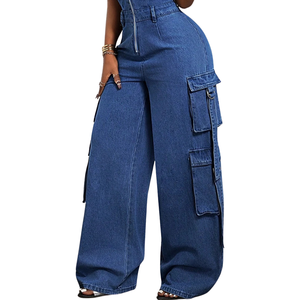 Combinaison cargo en jean pour femme, manches courtes, fermeture éclair avant, jambes larges, décontractée, bleu foncé délavé, séchage rapide, respirante, 100% coton, OEM - Product Image 4