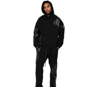 High Quality Eco-Friendly Men <b>Black</b> Thick <b>Fleece</b> Oversized Pullover Hoodie Appliqued Leather Patches Kangaroo Pocket - Product Image 2