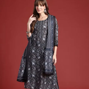 Mujeres motivos étnicos estampado rayón viscosa tendencia tradicional Kurta con pantalones y Dupatta indio Pakistán Salwar kameez - Product Image 1
