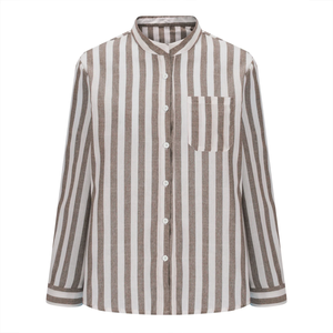 100% Lilen, camisa informal de manga larga para mujer, botón de cuello vuelto, OEM diseño personalizado, ajuste Regular, contraste de Color, botón a rayas frontal - Product Image 3