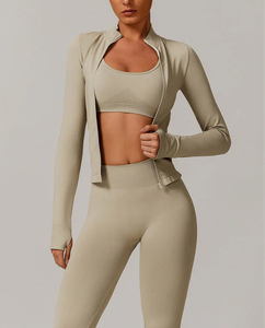Conjunto de chaqueta y mallas sin costuras de alta elasticidad para mujer, ropa deportiva para gimnasio y Yoga, ropa de entrenamiento de 2 piezas - Product Image 6