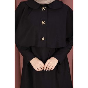 Minimalist Black <b>Cape</b> Detail Woolen Dress with Lace-Up for Daily Wear - Product Image 6