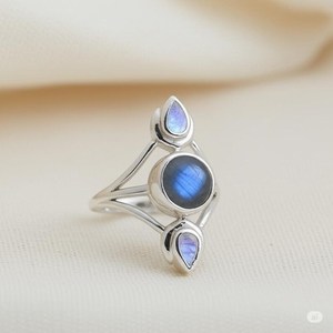 Solid 925 Sterling Silver Plated Natural <b>Labradorite</b> Pear Round Bezel Setting 7mm <b>Ring</b> Handmade Fashion Jewelry For Women - Product Image 2