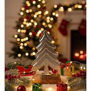 Decoración moderna de árbol de Navidad de metal con base de madera, elegante adorno de mesa de metal para decoración de hogar y oficina - Product Image 1