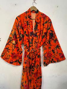 Robe kimono en velours à manches cloche orange, imprimé floral et oiseaux, robe de chambre kimono en velours, spécial hiver, luxe - Product Image 4