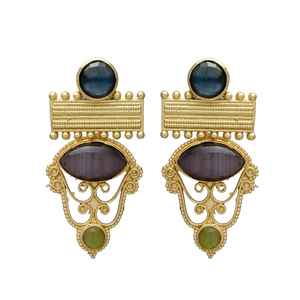 Nouvelle arrivée boucle d'oreille goutte de pierres précieuses oeil de chat gris doré - Product Image 1