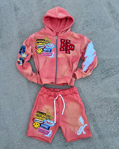 Autumn Full <b>Zip</b> <b>up</b> Hoodie and Short Set Summer Tracksuits Custom Logo Puff Print Sweatsuit <b>Hoodies</b> and Shorts Set Men - Product Image 1