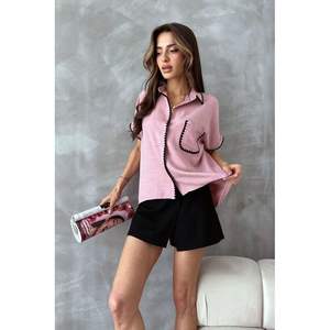 Camisas de Lino Rosa Pastel para Mujer Topshow, Blusas y Tops con Costura de Pastor, Venta al Por Mayor - Product Image 3