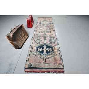 Alfombra de 2.9x11.8 pies, Alfombra Turca Vintage, Alfombra de Lana Herki Azul - Product Image 1