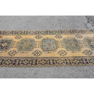 Vintage Turkish <b>Wool</b> Rug <b>Yellow</b> & Blue Patchwork Design 4' X 11' Size Flat Weave Technique for Living Room Carpet - Product Image 4