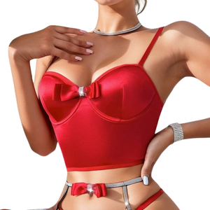 Red Bow Detail Bustier Lingerie Set Women Satin Corset <b>Top</b> Adjustable Straps With Matching Bottom - Product Image 2